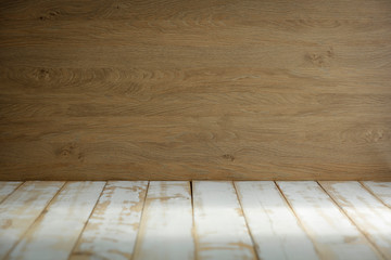 Desk of free space and wooden wall background in kitchen 