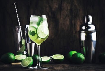 Hugo cocktail, summer italian aperitif made with Prosecco sparkling wine, lime, mint and...