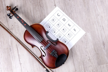Classical violin with music sheet book. Classical musical instrument