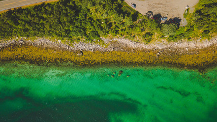 Aerial panoramic view of Lofoten, Norway, sunny arctic summer