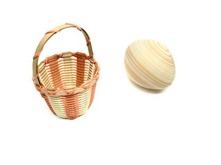 Eggs and basket isolated on a white background. Easter set. Kit of wooden eggs and basket. Basket....