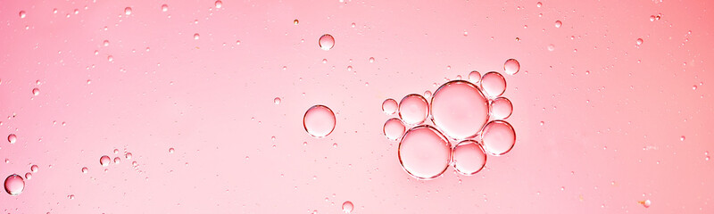oil with bubbles on coral background. Pink Abstract space background. Soft selective focus. macro of oil drops on water surface. copy space. air bubbles in water, Banner format