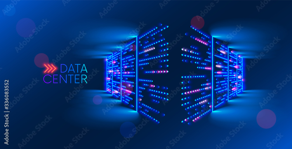 Aufkleber Data center. abstract digital warehouse. Server room of clouds computing technology. Server farm communication with internet. Network connection and information exchange lights glow in the dark.