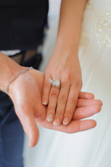 The groom holds his beloved by the hand. The bride does not have a quartz ring in her hand