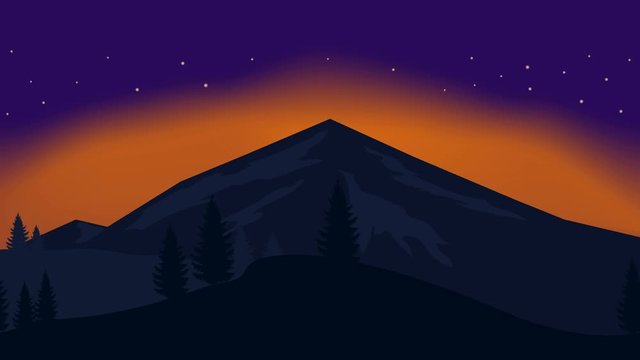 Animated cartoon background. Looped animation of mountain landscape with pine trees. Flat footage with parallax effect. side view