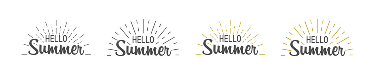 Hello summer set with burst. Hello summer hand lettering inspirational typography poster or banner. Vector