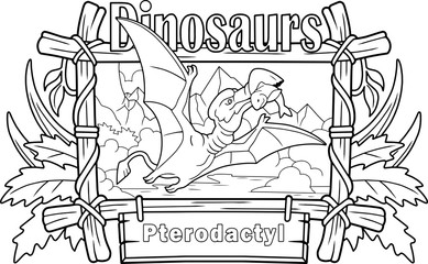 prehistoric dinosaur pterodactyl fishing, coloring book, funny illustration