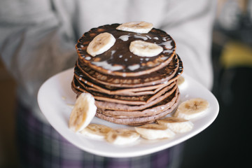 Choolate pancakes with bananas