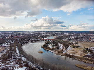 Areal drone photography view of small countryside city Kuldiga, with river Venta.