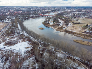 Areal drone photography view of small countryside city Kuldiga, with river Venta.