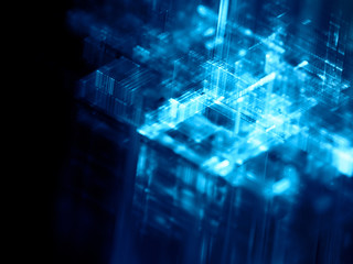 Abstract blue on black background. Fractal graphics 3d illustration. Science or technology concept.