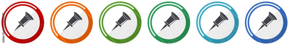 Poster Pin icon set, flat design vector illustration in 6 colors options for webdesign and mobile applications