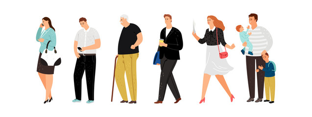 Different people line. Young father, cute girl and old man. Isolated persons queue vector illustration