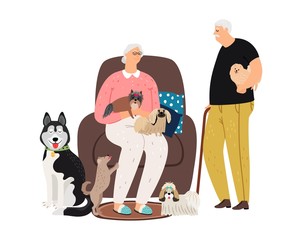 Dog owners. Old couple and pets. Grandmother grandfather with different puppies vector illustration