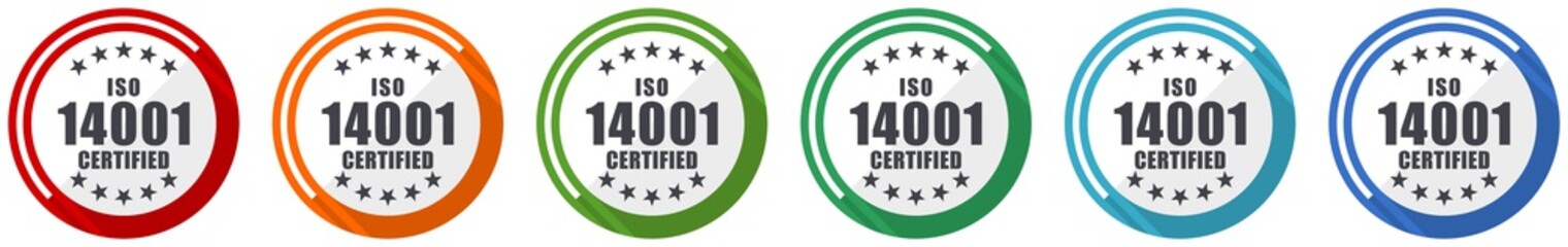 Iso 14001 icon set, flat design vector illustration in 6 colors options for webdesign and mobile applications