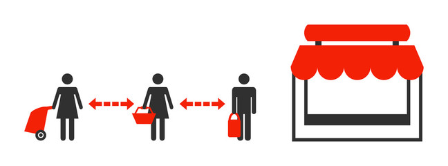 Abstand beim Anstehen vor einem Geschäft - Bitte Abstand halten