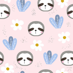 Seamless pattern with funny sloth. Kids summer print. Vector hand drawn illustration.