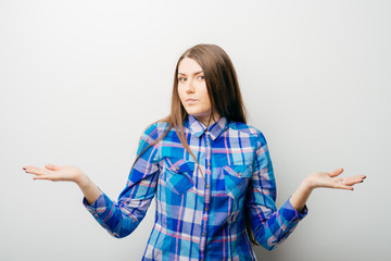 on a white background young girl throws up his hands