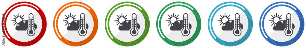 Aufkleber Weather forecast icon set, flat design vector illustration in 6 colors options for webdesign and mobile applications