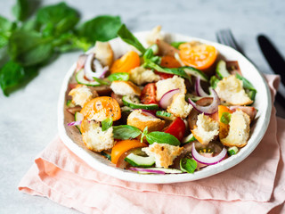 Tuscan Panzanella, traditional Italian salad with tomatoes and bread, basil. Mediterranean healthy food.