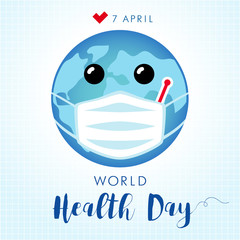 Obraz premium World Health Day, planet in guard mask medicine. World health day 7 April, lettering and smile planet. Vector banner