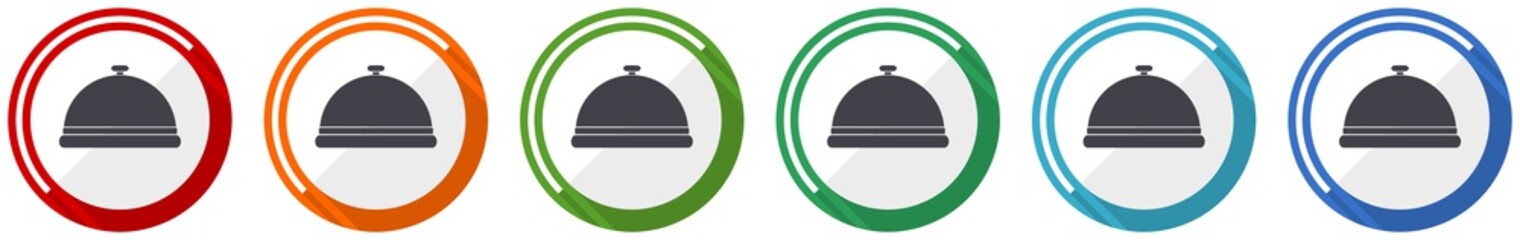 Restaurant icon set, food service flat design vector illustration in 6 colors options for webdesign and mobile applications
