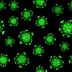 Seamless pattern on black. Cartoon concept coronavirus COVID-19 nCov 2019 virus vector illustration.