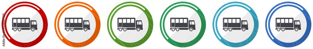 Poster off road bus icon set, combination truck flat design vector illustration in 6 colors options for web