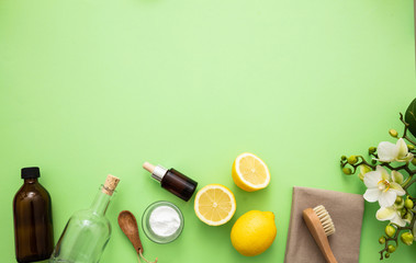 Fototapeta na wymiar Cleaning eco products background, soda, lemon, vinegar
