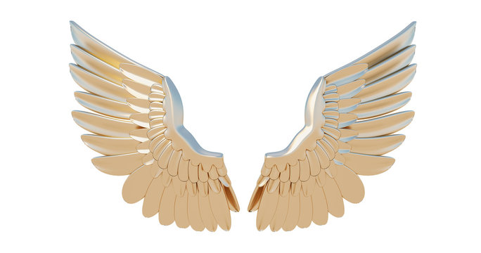 Beautiful Angel Golden wings statue for a garden on white background,  3d render