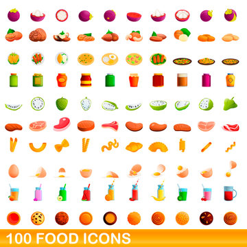 100 food icons set. Cartoon illustration of 100 food icons vector set isolated on white background