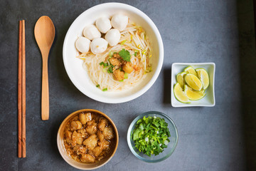 Rice stick noodles with fish ball in white bowl. Garlic cracklings with lard, lime and coriander with spring onion various ingredients and condiment on table.