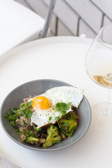 cup with buckwheat, egg and vegetables
