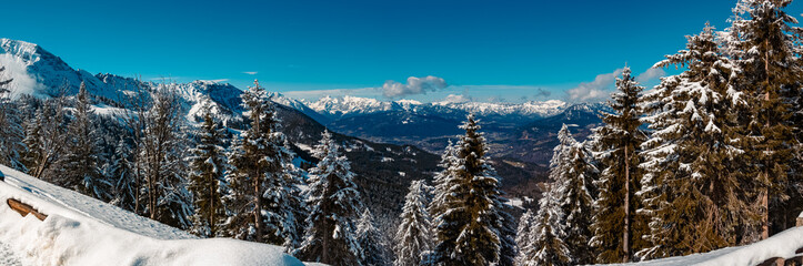 High resolution stitched panorama of a beautiful alpine winter view at the famous Rossfeldstrasse near Berchtesgaden, Bavaria, Germany