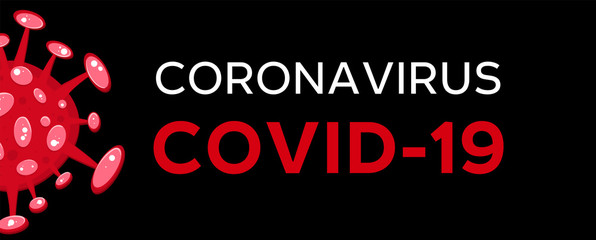 Cartoon concept coronavirus logo red COVID-19 nCov 2019 virus vector illustration on black background