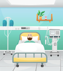 A hospital room with a bed, a drip and a ventilator. The patient is lying in bed. Fighting coronavirus in hospitals.