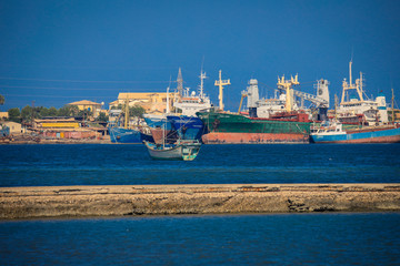Fototapeta premium Nice View to the Blue Water Port in the Massawa, Eritrea