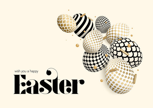 Happy Easter card with 3d composition. Decorated eggs, confetti with golden foil effect and elegant luxury font. Levitating realistic geometric o