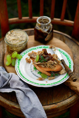 Crostini jelly rabbit appetizer.outdoor photo