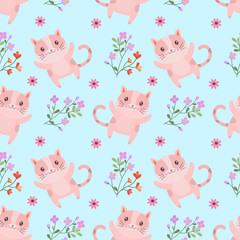 Cute cat with flowers seamless pattern. Cartoon vector for fabric textile wallpaper.