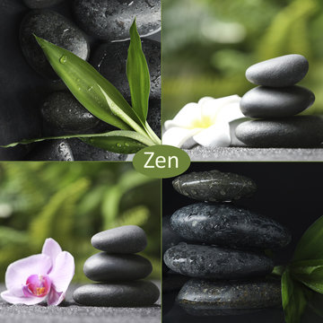 Collage with photos of stones and plants. Zen and harmony