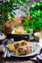 crepes with sausage and benedict eggs. selective focus