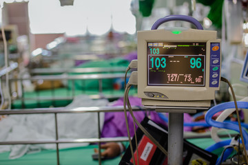 Modern vital sign monitor on patient background at ward in the hospital.