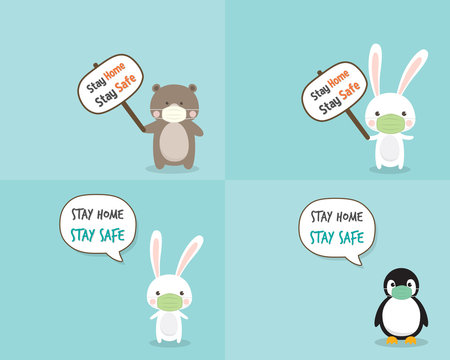 Stay home. Stay safe. Text for Self quarantine concept. Cute Rabbit , Bear and Penguin character wearing medical mask. Stop Coronavirus (COVID-19) Vector Illustration.