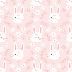 Cute bunny with flowers and leaf seamless pattern background