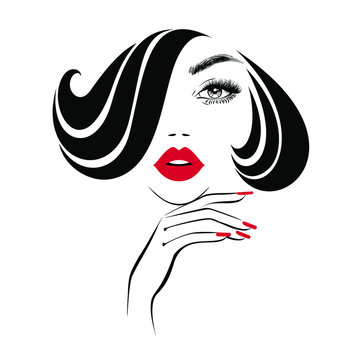 recommend clip art: Beautiful sexy face, red lips, hand with red manicure nails, fashion woman, element design, nails studio, stylish hairstyle, hair salon sign, icon. Beauty Logo. Vector illustration. Hand drawing style
