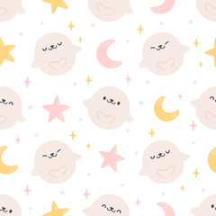 Cute seal with moon and stars seamless pattern background