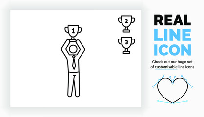 Editable real line icon of a stick figure business man winning a first place cup for his success in his career standing in full body view in a suit with a tie in a modern black stroke as a eps vector