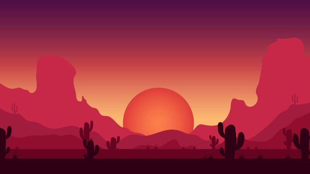 Animated cartoon background. Looped animation of desert landscape with cactuses. Flat footage with parallax effect. side view