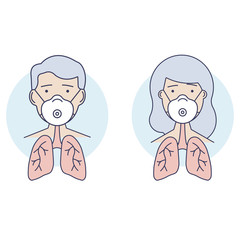 Man and Woman in medical face protection mask. Mask N95. Mask protects breathing and lungs. Virus and dust protection. Coronavirus. Flat design. Vector illustration.